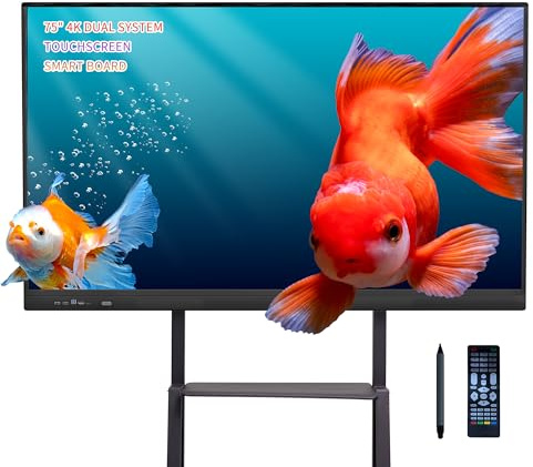 75-Inch Interactive Whiteboard 4K Dual-OS Smart Board with 13MP Camera | Android 14, Windows 10, 8GB RAM, 256GB Storage & 20-Point Touch Support Lessons, Meetings & Office with Wall Mount