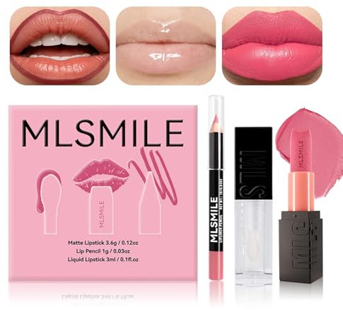 3 Stück Matt Lippenstift & Lip Liner Set, Hochpigmentiert Lang Anhaltend Samtige Lippen Make Up Set, Leichte Glatte Textur Mit Naked-Feel Lipstick Lipliner & Lip Oil Make Up Geschenk Set (Set A)