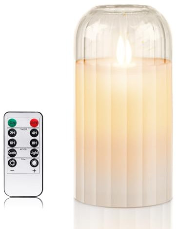 PinnWaa Candele LED, Candele in Vetro Senza Fiamma Tremolante con Telecomando e Funzione Timer, a Batteria, per La Decorazione, Festa, Vacanze, Hotel (D 7.5 x H 12.5 cm) - Trasparente