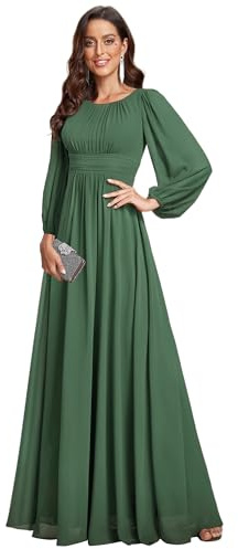 Ever-Pretty Damen Abendkleid Lang Elegant Maxi Hochzeit Lange Ärmel Chiffon Brautjungfernkleider Ballkleid Eukalyptus Grün 38