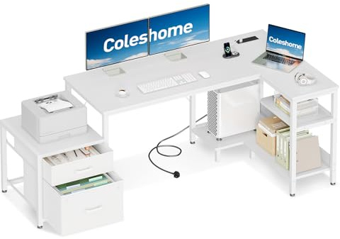 Coleshome Corner Desk with Drawers, 160x80cm L Shaped Computer Desk with Storage Shelves & CPU Stand, Reversible Home Office Corner Desk with Power Outlets, White