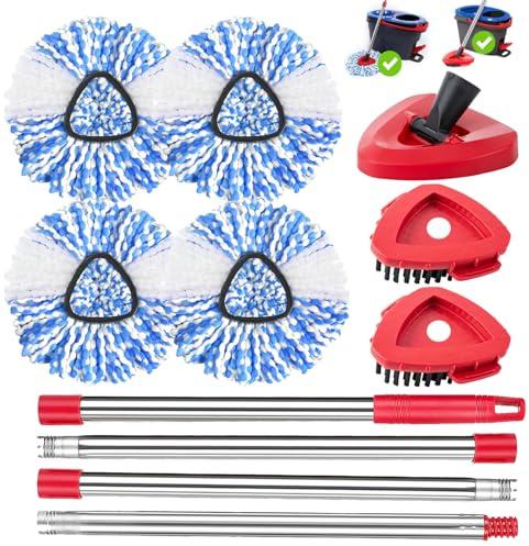 H2PrO Spin Mop Refill,Brush,Base,Rod For Vileda RinseClean Spin Mop &Bucket | 8Pack Microfibre Mop Combo Set with 2 Scrubber Brush for Vileda H2PrO Spin Mop Replacement