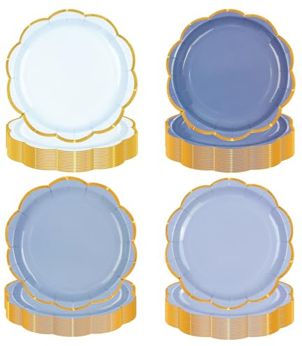EVYIENEN 48 Stück Blau Party Teller,18cm Einweg Dessertteller mit Goldfolien Farbverlauf in fächerförmigem Design, für Brautshower Mädchen Babyparty, Abschlussfeiern Hochzeitszubehör