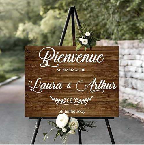 solenzo - Sticker de mariage avec prénom et date personnalisés pour panneau de bienvenue (Blanc, L 50X H 37 cm)