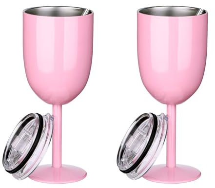 Junterone 2 Copas de Vino Rosadas Aisladas, Copa de Vino de Viaje de Acero Inoxidable de Alimenticio de Doble Pared con Tapa A Prueba de Fugas para Adultos