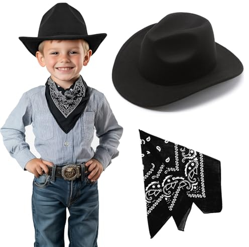 SeptCity Kids Cowboy Hat and Bandana for Age 5-10, Cowgirl Costume Set for Boys and Girls (Black)