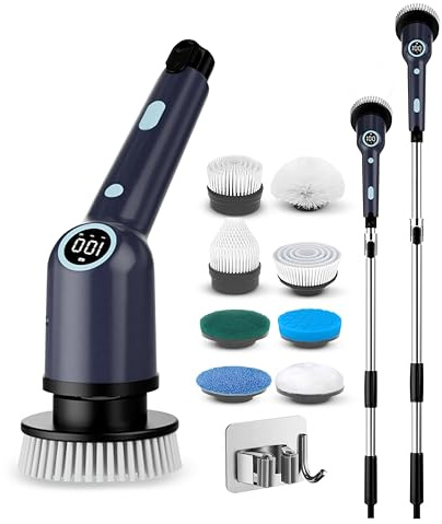Samako Elektrische Reinigungsbürste mit Stiel – IPX6 wasserdicht – 9 Aufsätze – Akku-Schrubber für Bad, Fliesen, Dusche & Boden