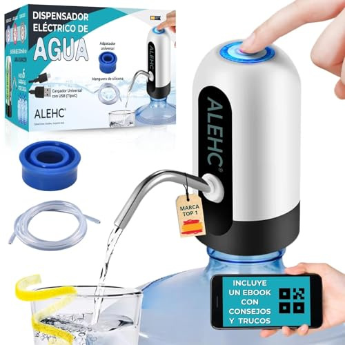 ALEHC® Dispensador de Agua para Garrafas con Adaptador y Manguera - Recargable USB Tipo C - Compatible 8L-20L - Portátil para Camping, Hogar, Oficina - Silicona Alimentaria, Sin BPA