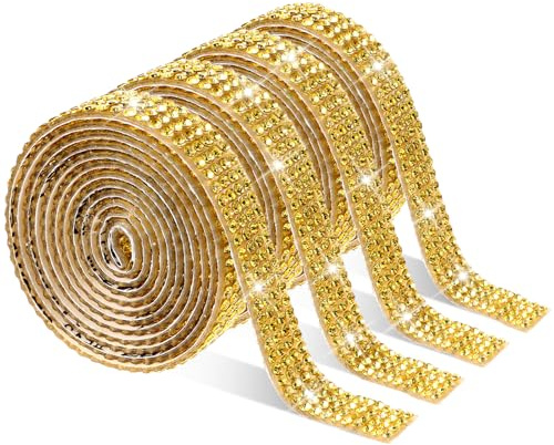 4 rullar självhäftande strass, 4 m strasstenar självhäftande, guldglitterband, diamantband, glitter kristall strasband klistermärken för kläder, bröllop, hantverk, presentdekoration