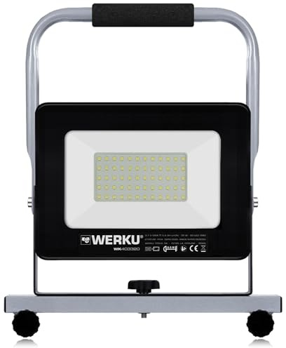 Werku WK403320, Projecteur LED Lumière Travail Sans Fil, Qualité Professionnelle, Puissance 30 W, Protection IP54, Technologie SMD, Luminosité 2100 LM, Portée Faisceau 20 M, Batterie Intégrée