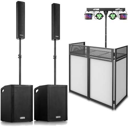 Vonyx VX1080BT Complete DJ PA System Package with 1250W Column Array Speakers, Dual 15 Subwoofers, DB4 Foldable DJ Booth (Black/White Lycra), and MAX PartyBar12 Lighting Bar