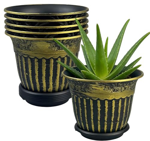 TEYIAN 6Pcs 16.3cm/6.4-in Plastic Plant Pots Indoor Outdoor Vintage Flower Pots Classic European Style Decorative Planters with Drainage Holes and Saucers