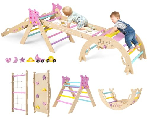 COSTWAY Toddler Climbing Frame, Kids Wooden Climber Toys Set with Arch, Reversible Ramp, Indoor Montessori Play Gym for Boys Girls 3 Years Old+ (8 in 1 Unicorn-Themed, Macaron)