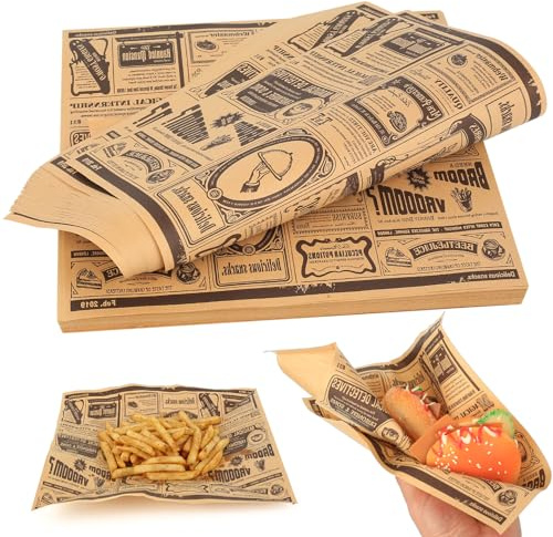 100 Blätter Backpapier Zeitungsoptik, Käsepapier, Hamburgerpapier, Hamburger Papier, Deli Fettdichte Papierblätter für Burger Buns Burger Pommes Butterbrot Käse Fingerfood Zubehör(25x25cm)