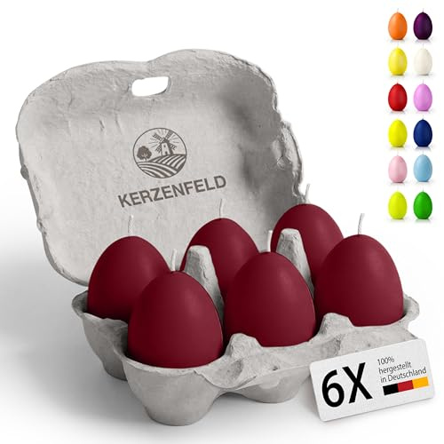 Bunte Eierkerzen 6 Stück, 60 x 45mm hochwertige Osterdeko - Ostereier Kerzen mit 7+ Stunden brenndauer, Made in Germany - Unparfümiert und RAL-Zertifiziert (Dunkelrot)