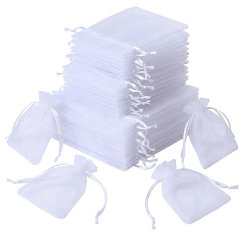 100 Organzasäckchen 10x15 cm Weiß für Hochzeit Gastgeschenke Transparente | Kleine Schmuckbeutel Organza Säckchen für Lavendel Schmuck Party Taufe Süßigkeiten, Kordelzug, 100 Stück, Geschenksäckchen