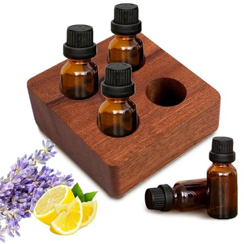 VolksRose Soporte para Aceites Esenciales de Madera 5~20ml – Organizador de 4 Frascos con Superficie Inclinada para Viajeros y Principiantes, para Hogar y Viaje, Portaperfumes para Mesita de Noche