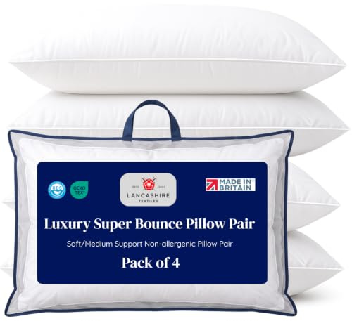 Bed Pillows 4 Pack, Luxury Super Bounce Hollowfibre Pillows for Sleeping, Soft Medium Support, Non-Allergenic Machine Washable Pillow Pair for Bedroom Bedding, OEKO-TEX Certified, Made in Britain