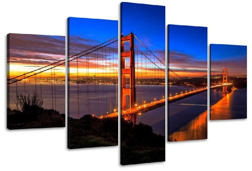 Visario Leinwandbild Golden Gate 5-teilig 160x80 cm 5512 – Wandbild Golden Gate Bridge San Francisco Dämmerung, XXL Kunstdruck auf Leinwand mit Holzrahmen, Wanddeko Wohnzimmer