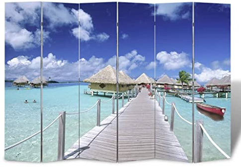 vitaXL Solid Fir Wood Room Divider, Double-Sided Beach Print, Foldable, Lightweight, Versatile - For Living Room, Dining Room, Office - Multicolour