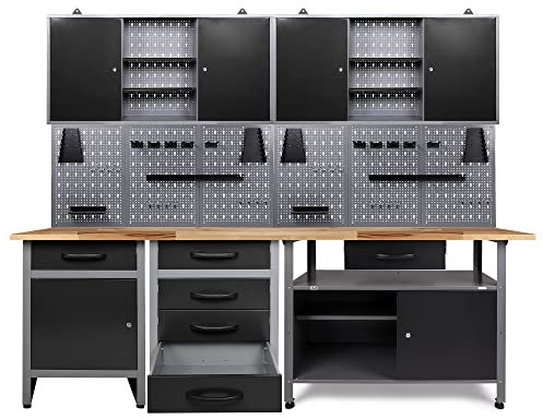 Ondis24 Werkstatt Werkstatteinrichtung 7 TLG. grauaus: 3 x Werkbank, 2 x Werkzeugschrank und Lochwand mit 22 Haken