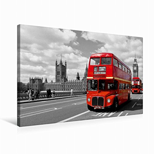 Premium Textil-Leinwand 75 x 50 cm Quer-Format LONDON Houses of Parliament und rote Busse | Wandbild, HD-Bild auf Keilrahmen, Fertigbild auf hochwertigem Vlies, Leinwanddruck von Melanie Viola