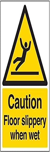 VSafety Allgemeines Warnschild „Caution Floor Slippery When Wet“ (in englischer Sprache), selbstklebend, Hochformat, 200 x 300 mm, schwarz/gelb (63044 AU-S)