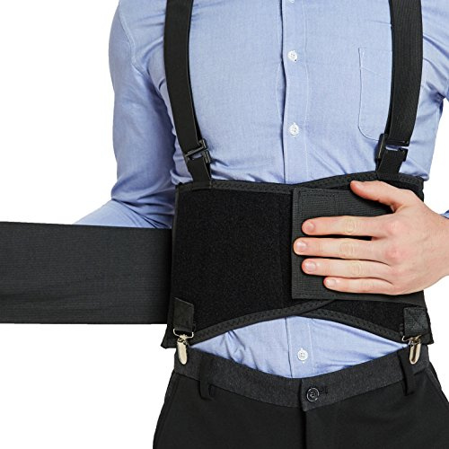 NEOtech Care Faja lumbar con tirantes y clips para los pantalones de quita y pon - Ajustable, ligera y transpirable - Para el trabajo o para mejorar la postura (Negro, M)