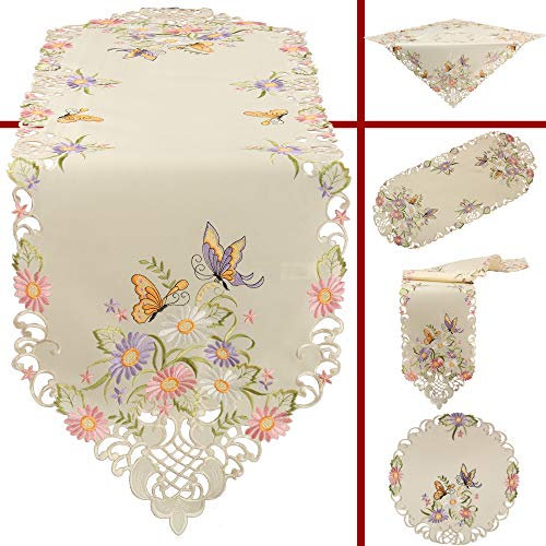 Quinnyshop Bunte Blumen Schmetterling Stickerei Deckchen 30 cm Rund Polyester, Ecru / Creme