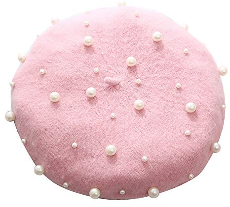 LKXHarleya Pink Damen Winter BaskenmüTze Pearl Rivet BaskenmüTze Beanie Cap Fashion Wool French Beret, Pink