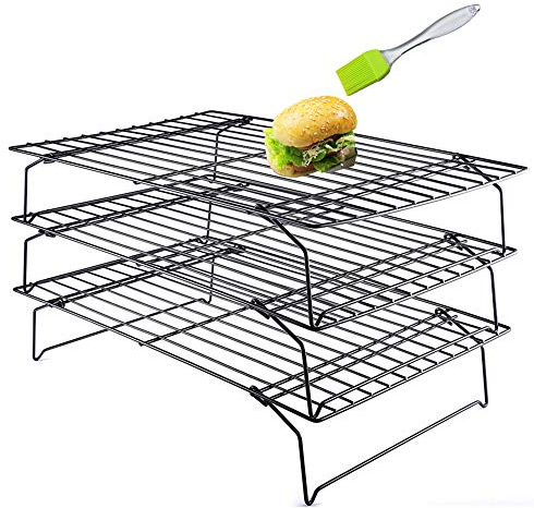 KeepingcooX 3-stufiges Antihaft-Kuchen-Kühlregal - ofensicher und hitzebeständig, platzsparend stapelbare Drahtwannen mit zusammenklappbaren Beinen, 25 x 40 cm(9.75 x 16)