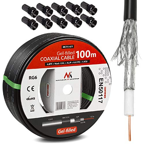 Maclean MCTV-477 Cavo coassiale coassiale riempito di gel Cavo per antenna satellitare RG6 1.0 Cu Cavo per antenna AV SAT (100m + 10x F-plug)
