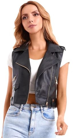 DIASHINY Faux Leather Vest For Women Lapel Sleeveless Moto Slim Fit PU Motorcycle Waistcoat