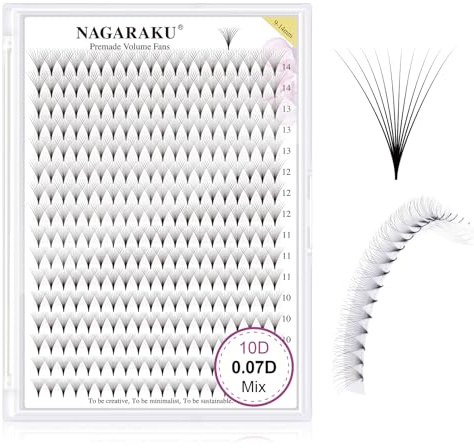 NAGARAKU 10D Volumen Pestañas Racimo 320 Fans Tallo Largo Abanicos Prefabricados Base Fina Y Puntiaguda Ruso Pelo a Pelo Esponjosas Natural Negro Premade Fans Eyelash 16 Filas Caja XL (0.07 D 9-14mm)