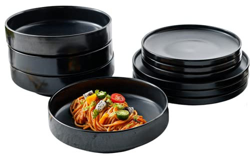 Kadum Juego de 12 platos de cerámica negra con esmalte de color mate, 4 platos llanos de 26 cm de diámetro, 4 platos de pasta con base de 23 cm de diámetro, 4 platos de desayuno de 22 cm de diámetro