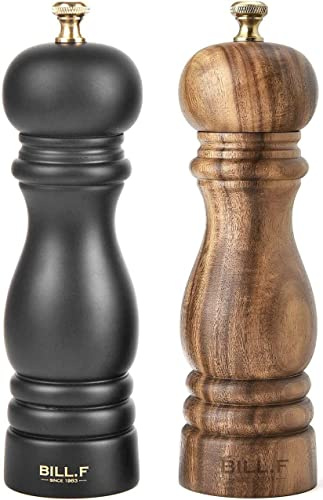 Bill.F Salz- und Pfeffermühlen-Set,Holz-Pfeffermühle Set mit 2 manuellen Salz- und Pfefferstreuern, nachfüllbar, 17,8 cm (schwarz und holzfarben)