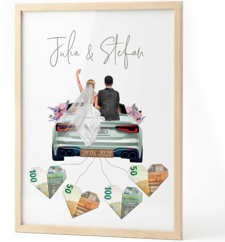 Papierschmiede® Personalisiertes Geldgeschenk zur Hochzeit | Alle Größen mit Rahmen | Hochzeitsgeschenk mit Namen für Brautpaar | Hochzeitskarte Geld Verpackung Idee Geschenk Bild „Wedding New Car“