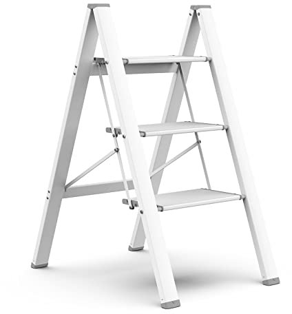 HBTower 3-Stufen-Leiter, Aluminium Trittleiter mit Breitem Anti-Rutsch-Pedal, 150kg Kapazität Leiter, Tragbarer Klapptrittleiter für Haushaltsbüro, Weiß