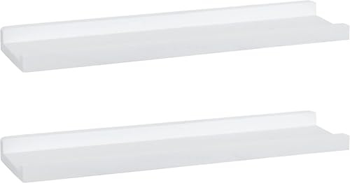 PHOENANCEE Solid Wood, 60cm Wooden Picture Ledge Shelf, Photos Display Shelf, Long Decorative Floating Shelves With Lip For Living Room,Kitchen,Bedroom, Set of 2, Rustic White