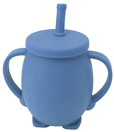 Silikon Trinkbecher 230 Ml Trinkhalmbecher für Kleinkinder Baby Trainingsbecher mit Strohhalm Deckelgriffen für Babys und Kleinkinder (Dunkelblau)
