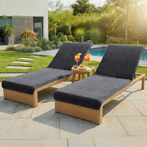 LAYNENBURG 2er-Set Premium Schonbezug für Gartenliege - 100% Baumwolle - Oeko-TEX 100 - Frottee Handtuch-Bezug Sonnenliege - Liegenbezug mit Umschlag für Standliege, Liege-Stuhl (75x200 cm Anthrazit)