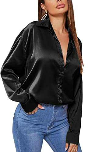 Zeagoo Satin Blouse Black Silk Blouses for Women UK Long Sleeve Button Down Shirt Formal Work Top Black M