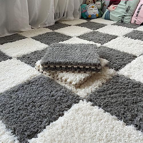 Thickened Plush Foam Interlocking Floor Carpet Mat,24 Piece 12x12in Fluffy Square Puzzle Foam Carpet Tiles with Edgings,Soft Anti-Slip Shaggy Area Rug Playmat(Color:Grey+White)
