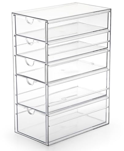 SUMTree Clear Hair Accessory Organizer Box with 5 Drawers, 25×17×10cm | Acrylic Drawer Organiser Plastic Drawers Storage Unit for Crafts Makeup Daily Accessories, for Bathroom, Closet, Desk, Office