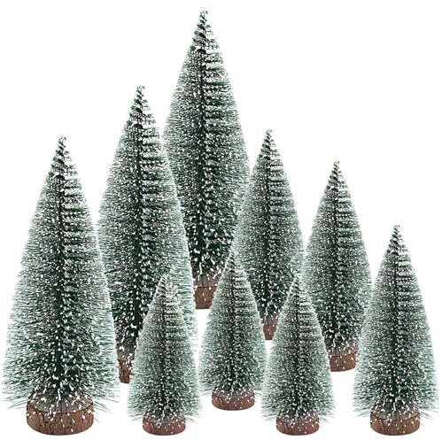 9 Pezzi Mini Albero di Natale, Albero di Natale Piccolo Artificiale con Effetto Neve Decorazioni di Natale Piccolo con Base di Legno per Decorazione Della Tabella di Natale Fai da Te Vetrina