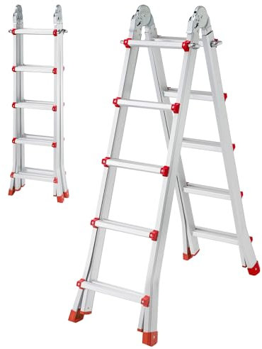 Escaleras Plegables Aluminio, Escalera Plegable, Escalera telescópica, Extensible en 4x5 (10+10 escalones) 5,10 Metros desplegada y 2,55 Metros en Tijera, válida hasta 150 kgs. con Normativa EN131