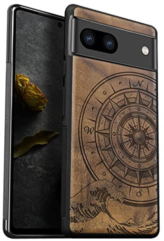 Carveit Hülle für Google Pixel 8 handyhülle aus Holz Cover, Stoßstange Stoßfeste Weich TPU Case, Handyhulle Kompatibel mit Pixel 8 Hulle（Nussbaum-Der Kompass vor Kanagawa Waves）