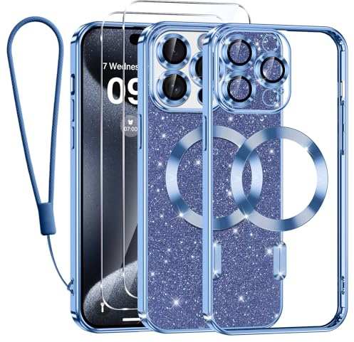 Kokio Glitter Magnetica Cover per iPhone 15 Pro con Cordino, Compatibile con MagSafe, Brillantini Sottile Silicone TPU Antiurto Custodia per iPhone 15 Pro con 2 Vetro Temperato Bumper, Blu