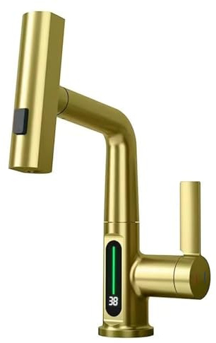 Rubinetto Cucina con Doccetta Estraibile, Miscelatore Cucina con Display Digitale a LED, 3 Modalità Rubinetti Lavello Bagno Monocomando Girevole a 360°, Regolabile in Altezza (Oro)