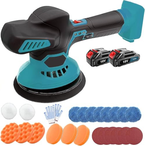 Cordless Car Buffer Polisher, Compatible with Makita 18V Battery, 6 Variable Speed 1800-5800RPM, Extra 24PCS Attachments, 145mm Base, with 2 x3.0 Ah Batteries, for Auto Sanding Polishing